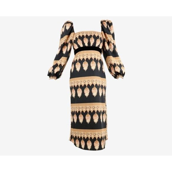 JOHANNA ORTIZ Black Symbolic Emblems Velvet Trimmed Printed Cotton Midi Dress 4 - Picture 5 of 16